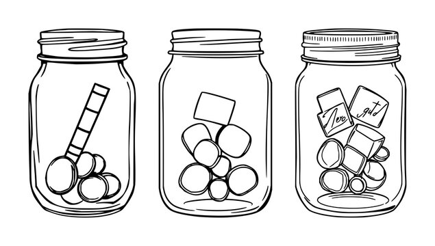 Mason jar set with black line art depicting glass weights featuring food preservation, fermentation, canning with kitchen utensils and homemade goods
