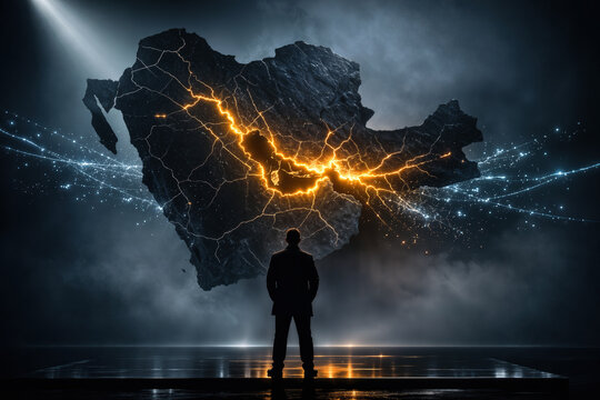 Silhouetted figure on obsidian platform facing fractured luminous map of Arabian Peninsula and Strait of Hormuz with molten gold artery symbolizing logistics standstill and supply chain disruption