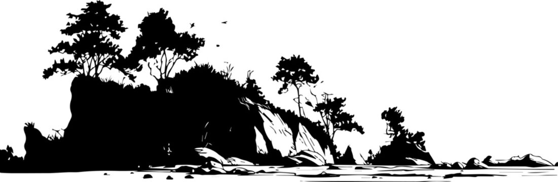 Silhouetted evergreen trees stand tall on a rocky coastal cliffside against a white background.