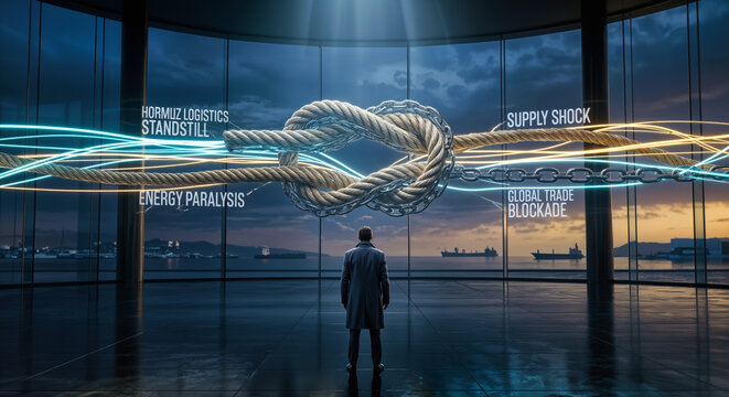 Strait of Hormuz logistics standstill knot over maritime shipping lanes supply chain disruption energy security global trade blockade LNG oil supply shock economic paralysis