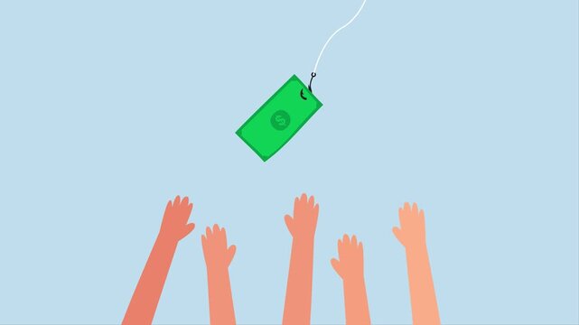Fraud money, 4k animation of businessman reaches out, attempting to grasp fishing bait using dollar bill