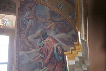 Fragments of Orthodox church wall paintings interior © Roman