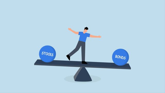 Stocks vs bonds in investment asset allocation, 4k animation of entrepreneur financier equilibrium in equities and debt instruments seesaw