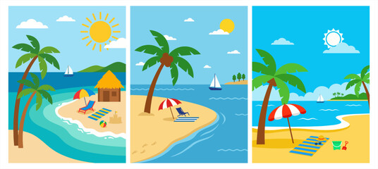 Obraz premium Tropical beach landscape banners with palm trees, beach hut, umbrellas, and summer sun