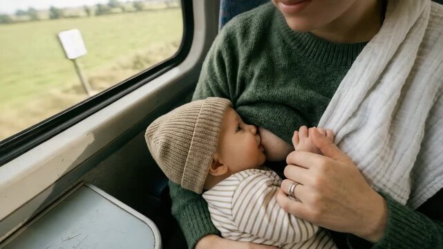 A mother feeds her baby while sitting inside a train. The view outside shows green fields