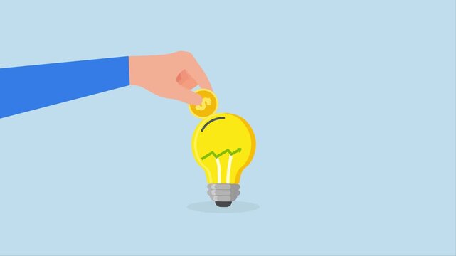 Invest in growth stock, 4k animation of businessman places coin on upward trend chart lightbulb
