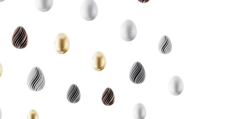 Decorative Easter eggs scattered on a white background, perfect for holiday greetings, spring events, and design project © vegefox.com