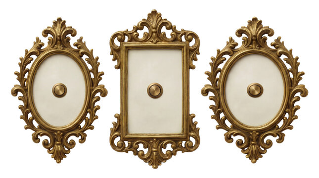 Three ornate vintage gold doorbell buttons isolated on transparent background PNG old elegant