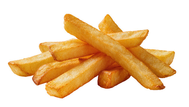 Golden crispy potato fries arranged in a pile, showing texture and detail