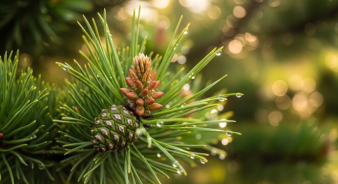 Close-up of Pine Needles and Cones with Water Droplets.
