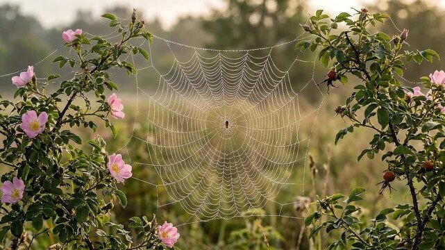 Rewilding spiderweb dew morning meadow rose bush natural sunrise delicate circular web with tiny droplets creating tranquil organic scene dew covered