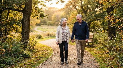 Fototapeta premium An elderly couple walking through a park hand-in-hand, surrounded by the warm hues of autumn foliage. The golden sunlight casts a soft glow on their faces as they walk, creating a heartwarming scene