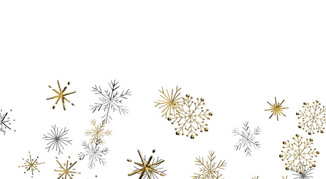 Stylish golden and silver snowflakes on white backdrop for winter holiday concepts. Perfect for Chr