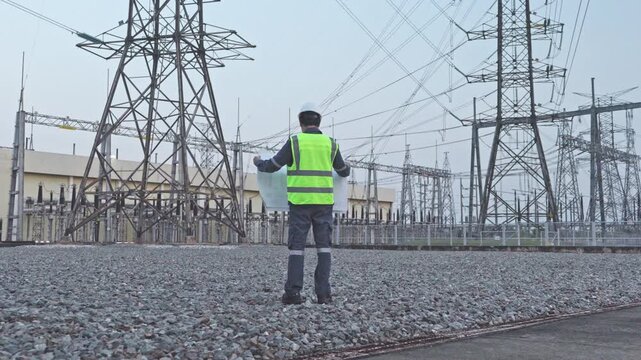 Electricity substation engineer power line high voltage safety vest hard hat blueprint inspection at utility infrastructure transmission tower site