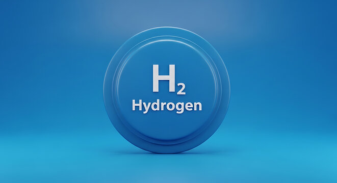 Hydrogen H2 Symbol 3D Rendered Icon on a Blue Background - Clean Energy Concept