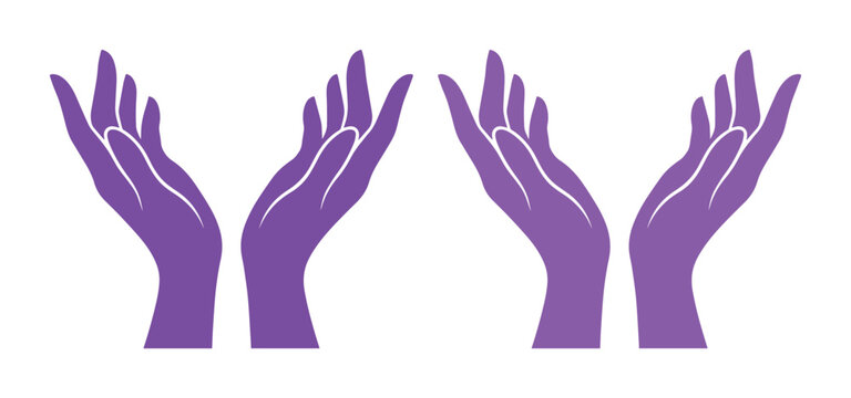 Purple cupped hands vector illustration, open palms reaching upward in prayer or support, spiritual healing and care concept icons on white background