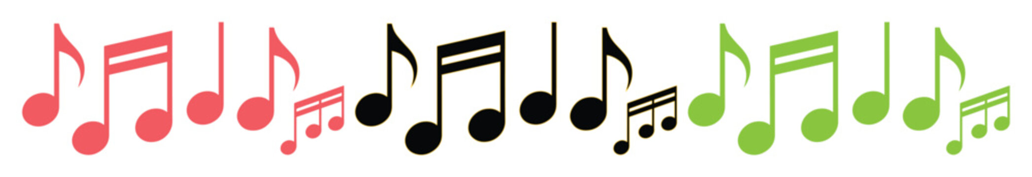 Musical note vector set in red, black, and green colors. Collection of 15 music symbols including quavers and semiquavers for audio design and education.