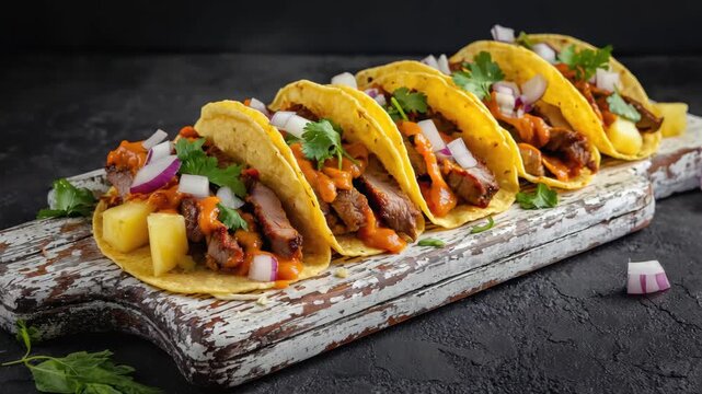 A close-up of a meal on a wooden board, featuring beef tacos with pineapple salsa and garnish.