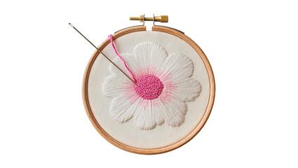 Handheld embroidery hoop, pink flower stitchwork with needle poised © Ryan