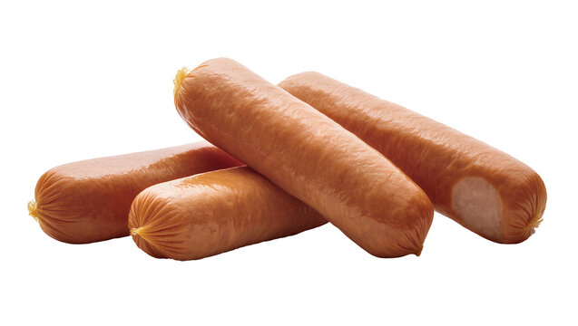 Smoked sausages overlapping, displaying meaty texture and casing details