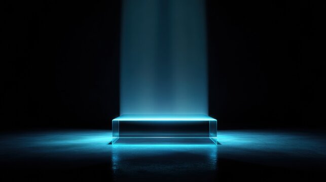 Shiny holographic stage illuminated by deep blue light in dramatic style. Polished surface displaying reflective hologram with intense blue beam and captivating cinematic lighting effects