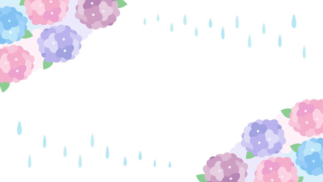 あじさいと雨の梅雨の背景イラスト、16対9の横長サイズ