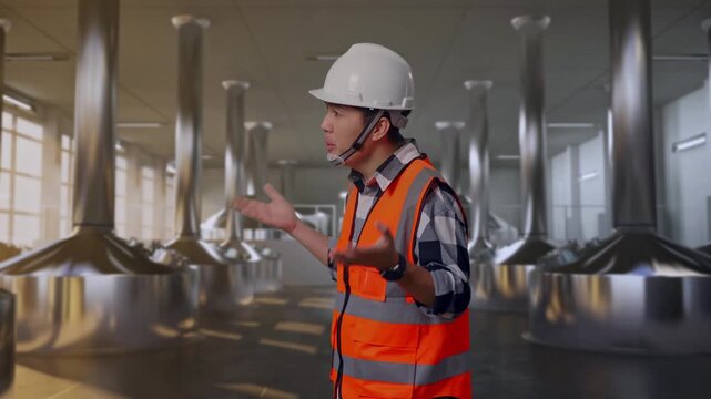 Side View Of Wondering Asian Male Engineer With Safety Helmet Saying Why Working Doubtfully at Stainless Steel Brewing Vats in Beer Manufacturing Plant