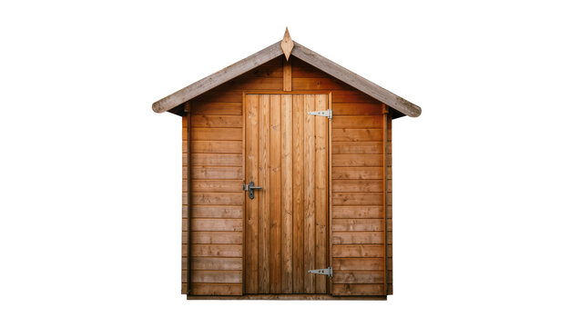 Rustic wooden shed with gabled roof, featuring double doors and aged hardware
