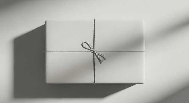 Top view of a rectangular gift box wrapped in plain white paper and tied with a simple twine string bow