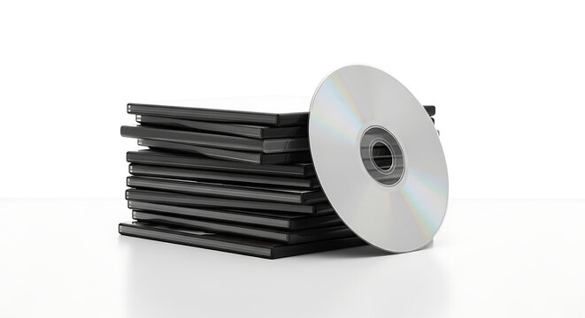 Classic digital media storage a neat stack of black cases with a gleaming optical disc