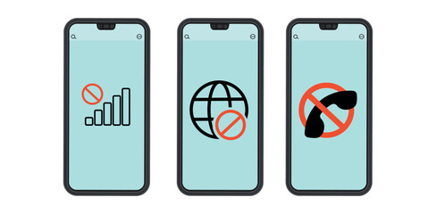 Set of smartphone screens with no connection icons, including no signal, no internet and no phone call symbols. 