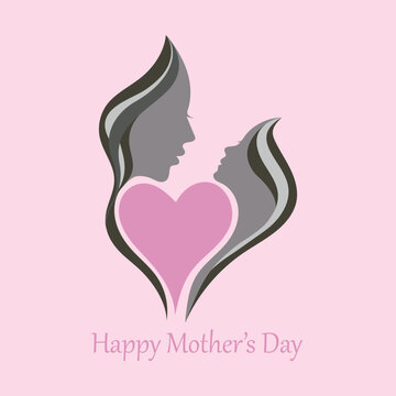 Happy Mother's Day greeting card vector illustration with mother and child profiles forming a heart symbol of unconditional love.
