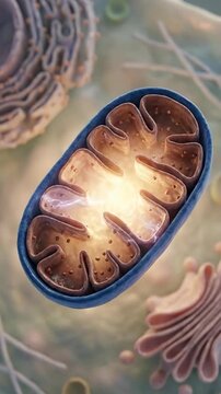 Mitochondrion performing cellular respiration, showing internal energy production with luminous electrical activity, critical biological power generator, essential for eukaryotic cell metabolism.