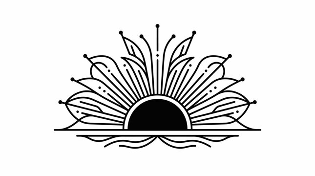 Elegant linear illustration of a stylized rising sun with decorative rays and botanical flourishes, in a minimalist black and white design.