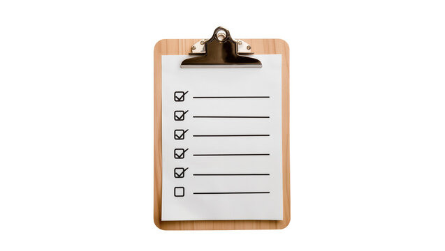 Wooden clipboard holding checklist with several ticked boxes, one blank