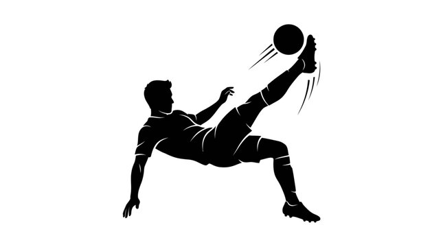 Dynamic silhouette of a soccer player executing an overhead bicycle kick with a ball in motion against a white background.