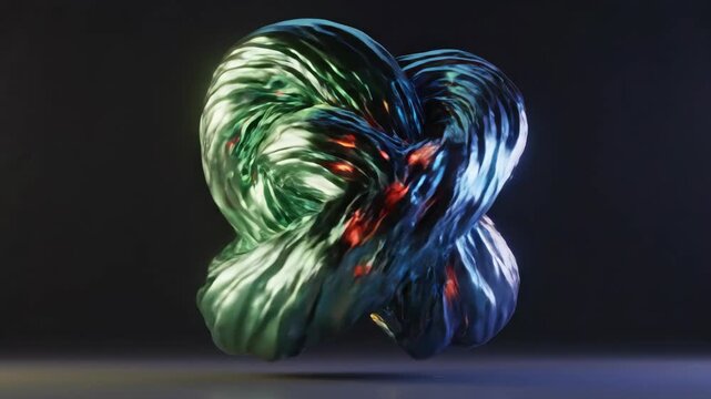 Abstract fluid liquid metal knot shape morphing in space. Glowing 3d deformation with iridescent light. Sci-fi digital render of cosmic anomaly for motion graphics and futuristic motion background