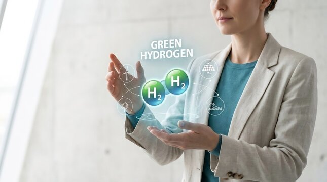 Woman interacting with green hydrogen holographic interface. Renewable energy concept with virtual molecule and icons. Innovation in sustainable fuel technology and carbon neutral environment.