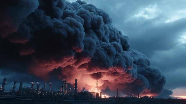 Black smoke rising from a burning oil refinery. Dramatic industrial disaster scene symbolizing environmental pollution, crisis, and energy sector risk.