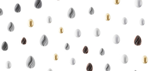Decorative Easter eggs scattered on a white background. Festive abstract design for spring holidays, greetings, and desi © vegefox.com