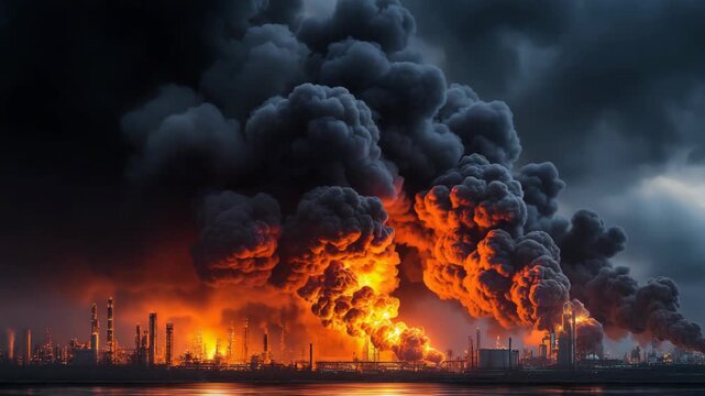 Black smoke rising from a burning oil refinery. Dramatic industrial disaster scene symbolizing environmental pollution, crisis, and energy sector risk.