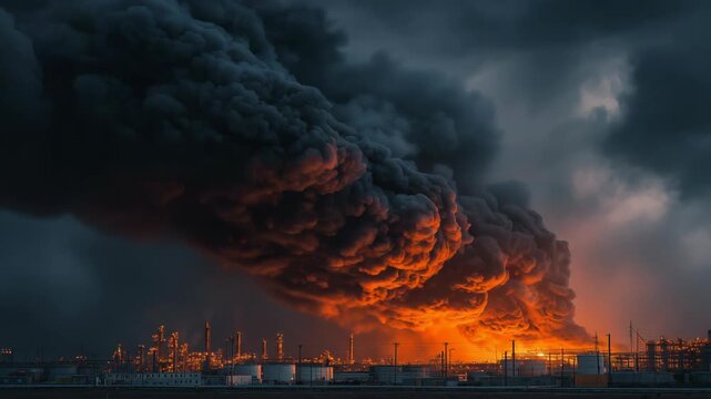 Black smoke rising from a burning oil refinery. Dramatic industrial disaster scene symbolizing environmental pollution, crisis, and energy sector risk.