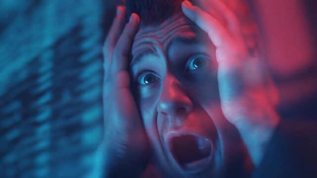 Furious businessman screaming with floating business graphs. Concept of stock market volatility, financial stress, and economic uncertainty.