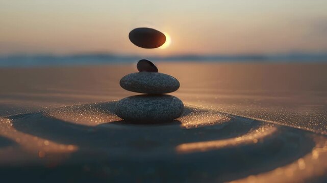 Golden sun sets over calm ocean waves. Two smooth stones rest atop wet sand ripples. Soft light glows across gentle beach surface. Stillness prevails as tide gently recedes