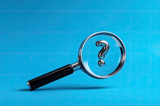 A magnifying glass focuses on a shiny silver question mark against a vibrant blue background
