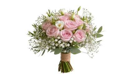 Fototapeta premium Delicate pink roses baby s breath, and green foliage arranged in a rustic twine-wrapped bouquet