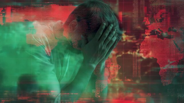 Stressed Caucasian man holding his head with a digital world map overlay. Concept of global economic pressure, anxiety, and financial crisis.