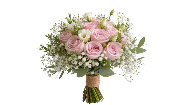 Delicate pink roses baby s breath, and green foliage arranged in a rustic twine-wrapped bouquet