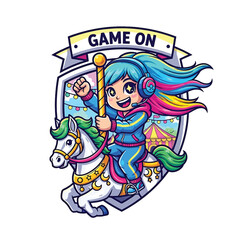 Fototapeta premium Child rider on a white horse holding a baton with Game On banner