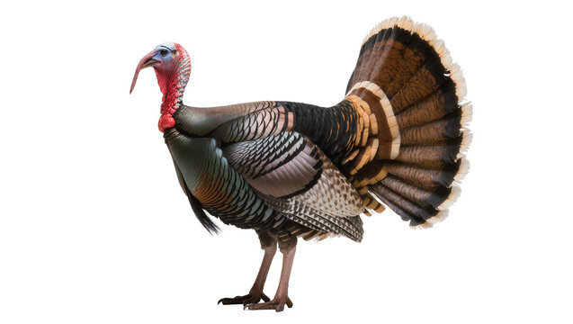 Vibrant male turkey displaying ornate plumage, standing proudly with fanned tail feathers